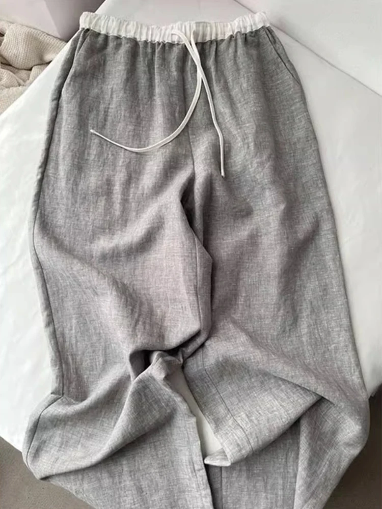 الرجعية اليابانية Sle عالية الخصر فضفاضة واسعة الساق السراويل النسائية الصيف عارضة القطن الكتان السراويل مستقيم قطع فضفاضة تناسب
