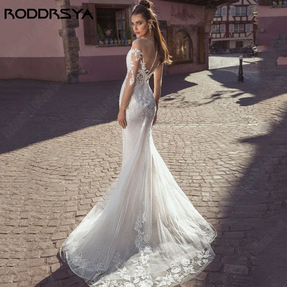 RODRSYA Sirena Pizzo Abiti da sposa Maniche Lunghe Illusion Back Abiti da spRODDRSYA abiti da sposa in pizzo a sirena maniche lunghe Illusion Back abiti da sposa Applique in pizzo Scoop Tulle robe de mariée 2024 civile