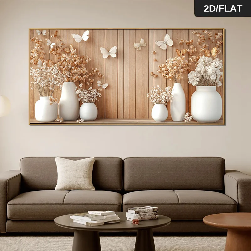 

2D Flat, Modern Abstract Wall Art Featuring Frameless White Vases with Dried Flowers, for Living Room and Bedroom Decor