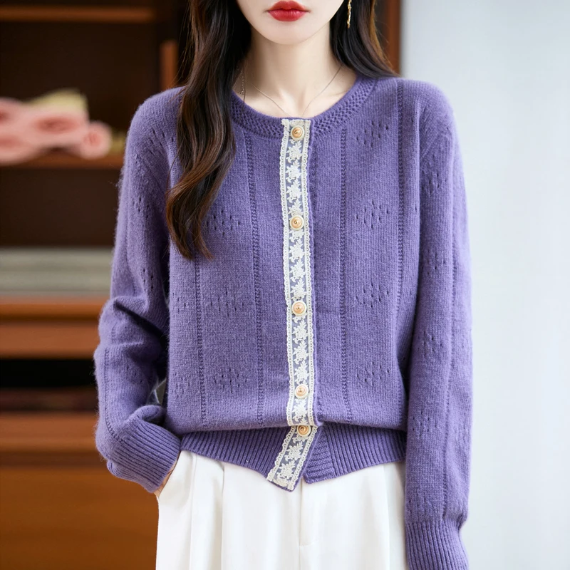 

【100% шерсть】Женский утепленный жаккардовый кардиган, зимнее пальто с кружевной отделкой, теплый вязаный свитер