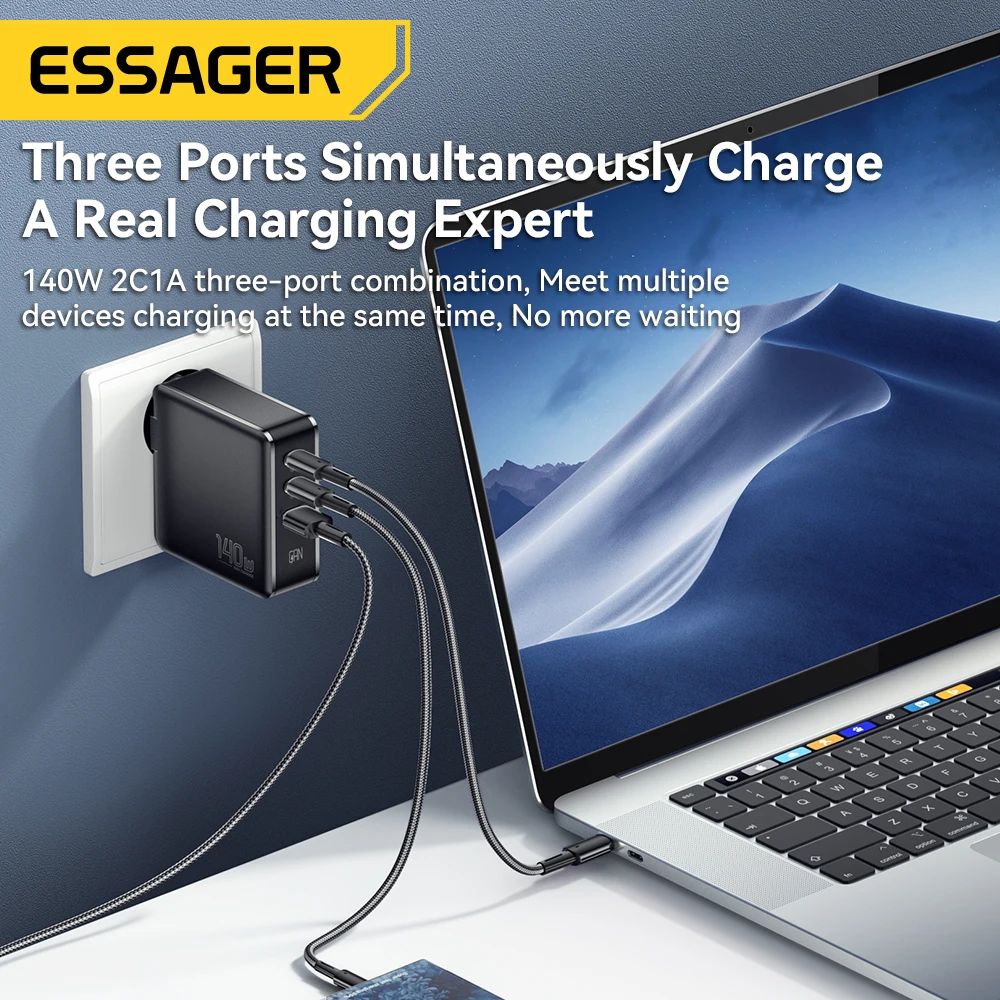 Imagem -02 - Essager 140w Gan Carregador Usb tipo c pd 3.1 qc Carga Rápida 4.0 3.0 Usb c Carregador Carregamento Rápido para Macbook Pro Iphone 14 Laptop