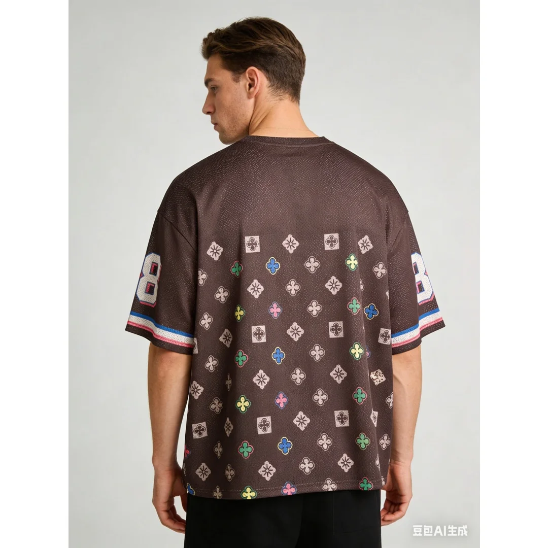 Men Summer T Shirt 88 Monogram Print Jersey Tee Casual Short Sleeve Mesh Crewneck Top Retro Sporty Streetwear Loose Fit Tops
