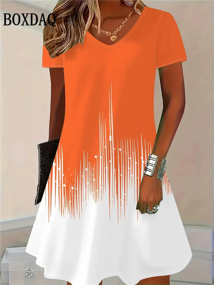 Gradiënt Print Jurken Voor Vrouwen 2023 Nieuwe Mode Plus Size Kleding Zomer Casual V-hals Korte Mouw Losse Midi Jurk Vrouwelijke