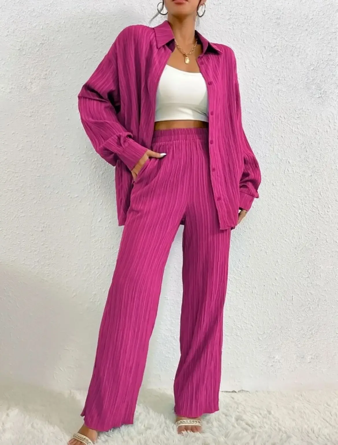 Women Pant Sets Two Piece Turn Down Collar Solid Long Sleeve Single Breasted Pockets Casual Elastic Waist Wide Leg Pleated