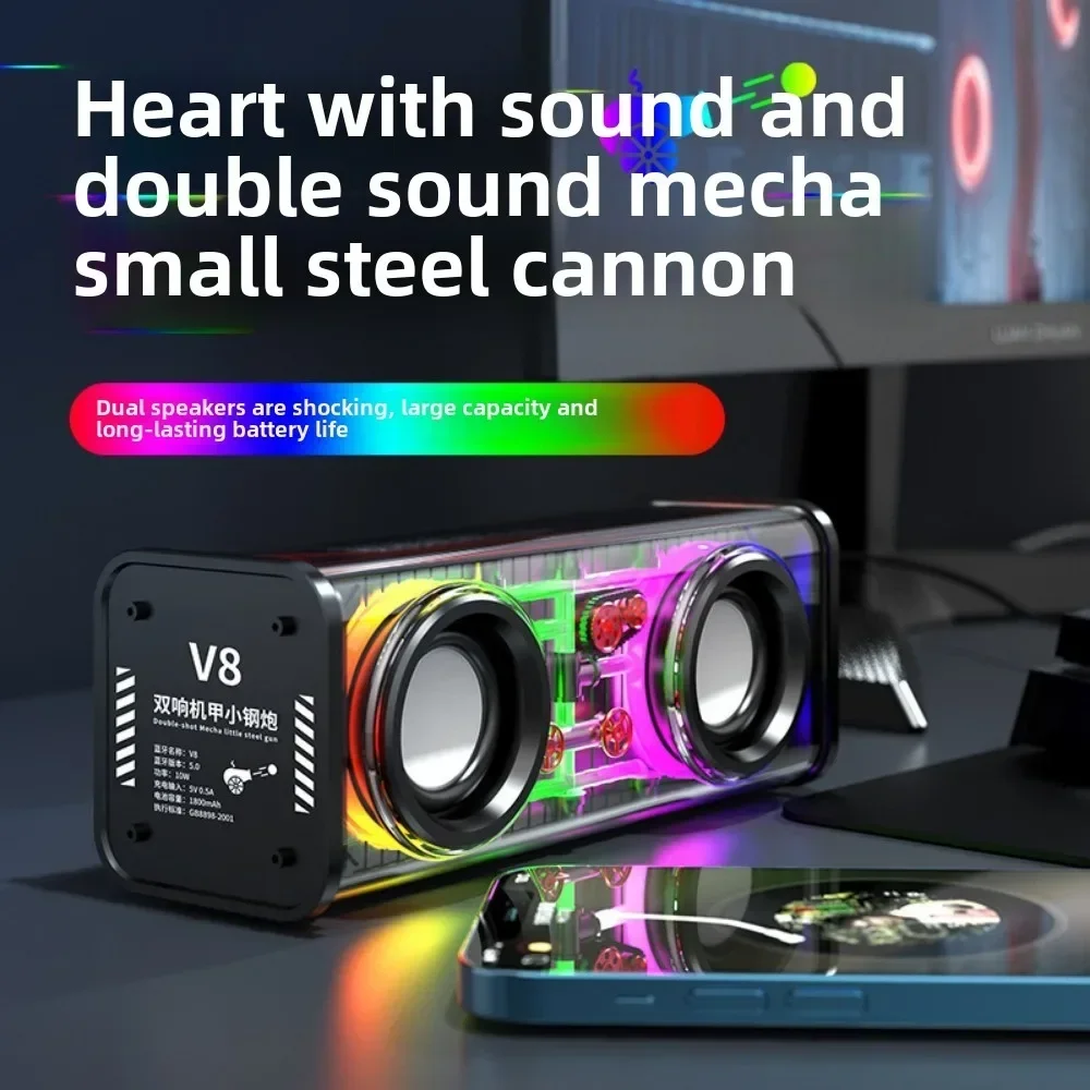 

V8 Transparent Mecha Speakers Bluetooth 5.0 Wireless Double Bass Diaphragm Subwoofer Music TWS RGB Light Mini Party Loudspeaker