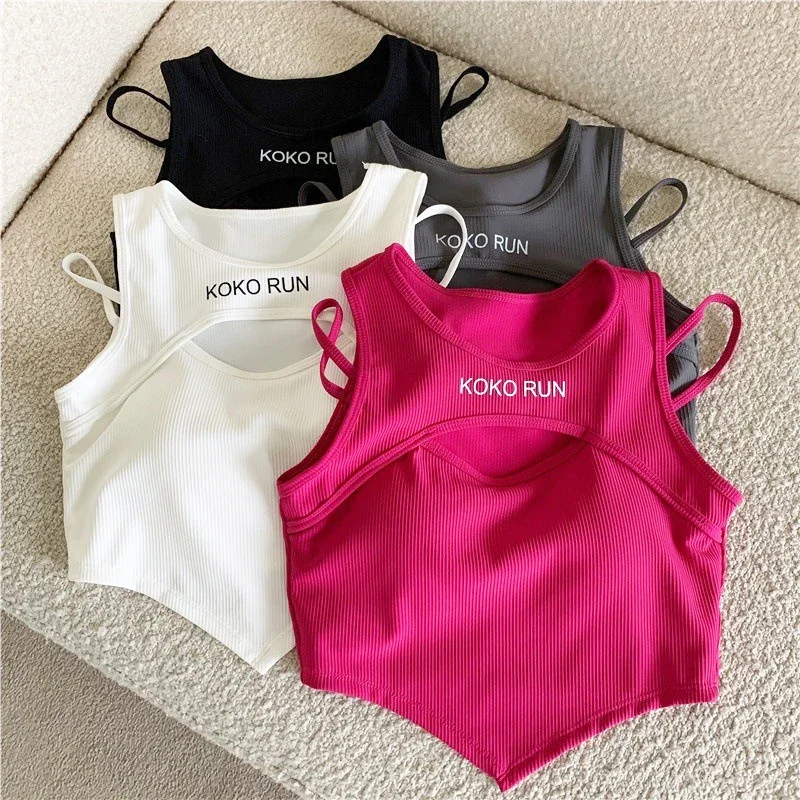 Casual Crop top donna maglia irregolare top Sexy scava fuori canotta finta due pezzi canotte con reggiseno Pad Summer Women Vest