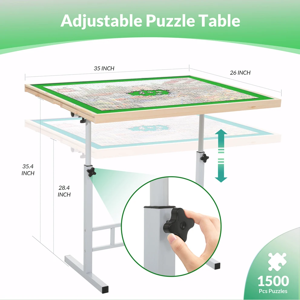 Table de puzzle avec pieds en métal, hauteur d'inclinaison réglable, 35x26 pouces, 4 tiroirs, capacité de 1500 pièces, conception ergonomique, soulagement des douleurs au cou et au dos