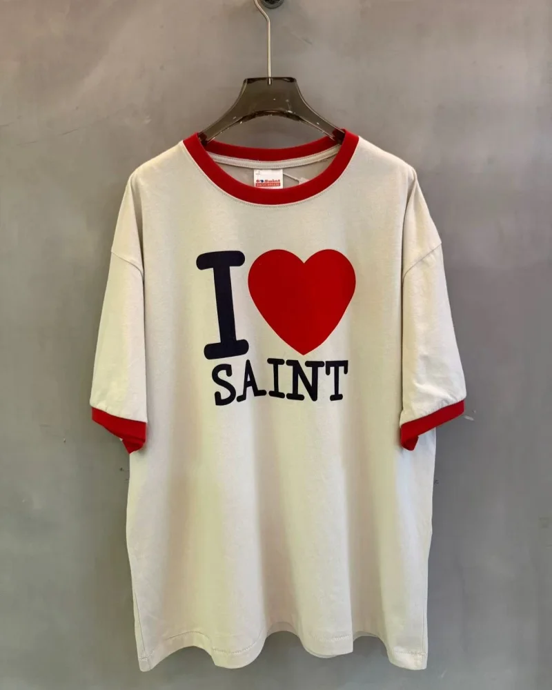 

New Saint Short-Sleeve Drop-Shoulder Oversized T-Shirt for Summer Red Heart Oversized Unisex T-Shirt