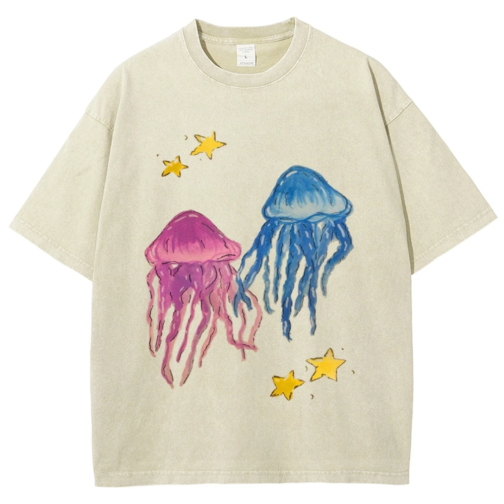 Swimming Colorful Jellyfish Print Man Cotton T Shirts Japanese Casual Short Sleeve Oversize Crewneck Clothing Fashion Mens Tops