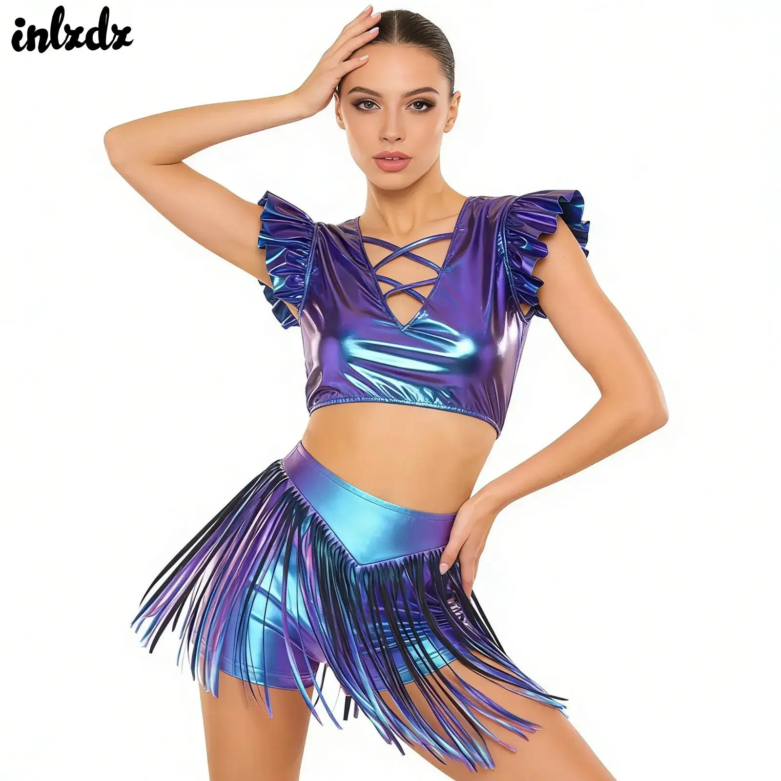 

Женский голографический костюм для джазовых танцев с бахромой: топ с рюшами и шорты с высокой талией и бахромой