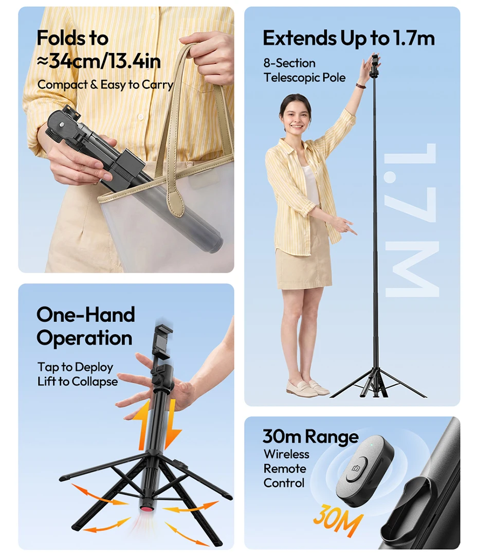 Ulanzi SK32 Auto-Open Selfie Stick Stativ (Handy-Klemm-Version) mit kabelloser Fernbedienung für Kamera, Handy, Selfie, Vlog, Fotografie – Detail 4