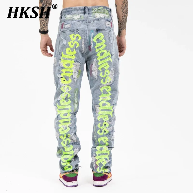 HKSH Men's Tide Streetwear Autumn New Trendy High Street Embroidered Perforated Jeans Vintage Letter Fashion Denim Pants  HK2801