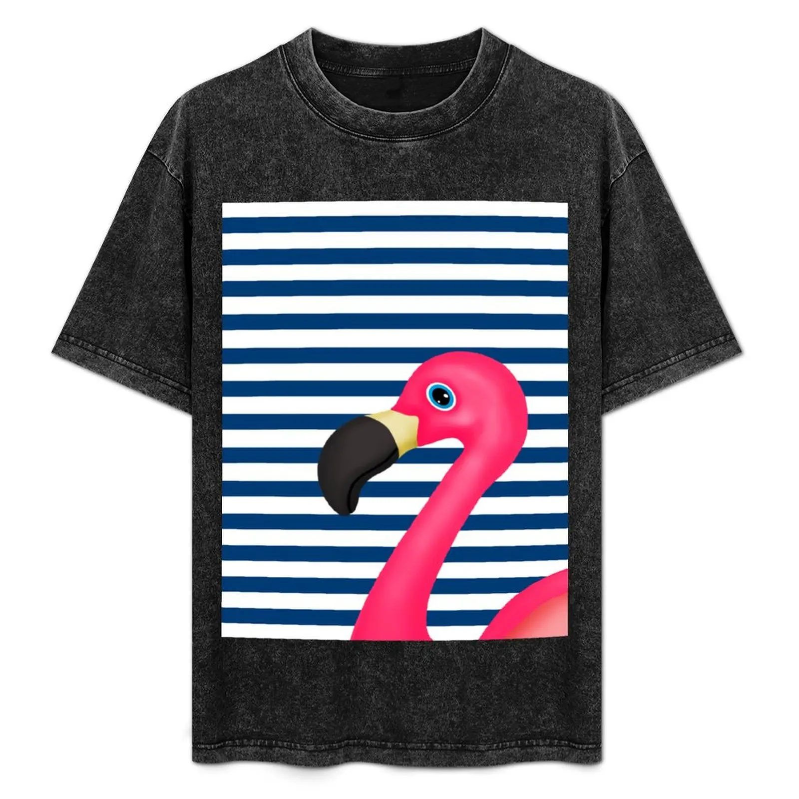

Pink Flamingo Blue White Stripes T-Shirt Casual Daily Graphic Tee
