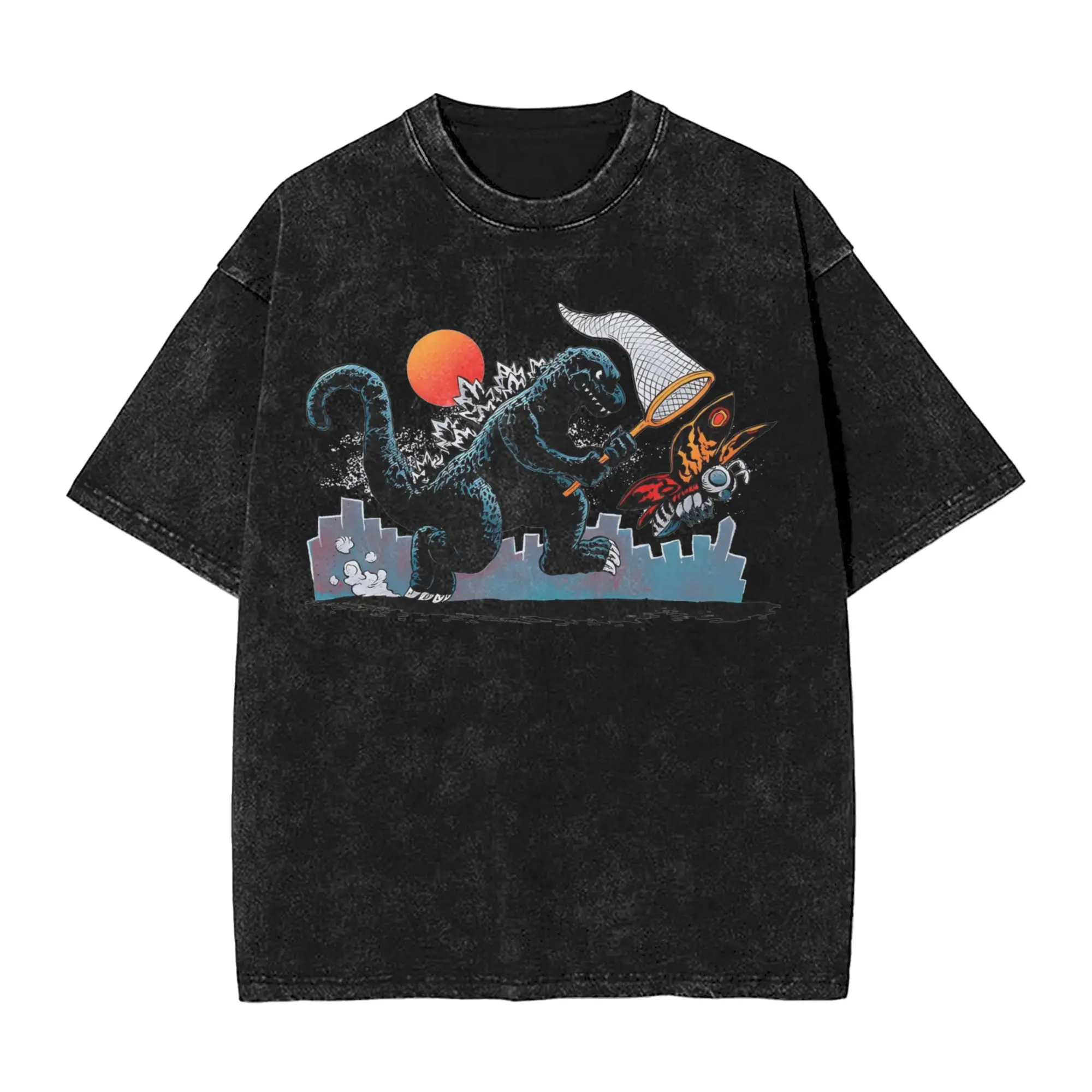 Zeros Godzillaed Dagons Vintage Ones New Monsters Vintage Washed T-Shirt Men's Cotton Tops Shirts   Round Neck Short Sleeve