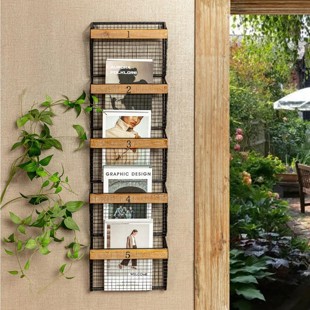 

Wall Mounted File Manazine Mail Rack Holder, Metal Basket Shelf Wall Organizer for Newspapers, Magazines, Fit for Office, Home