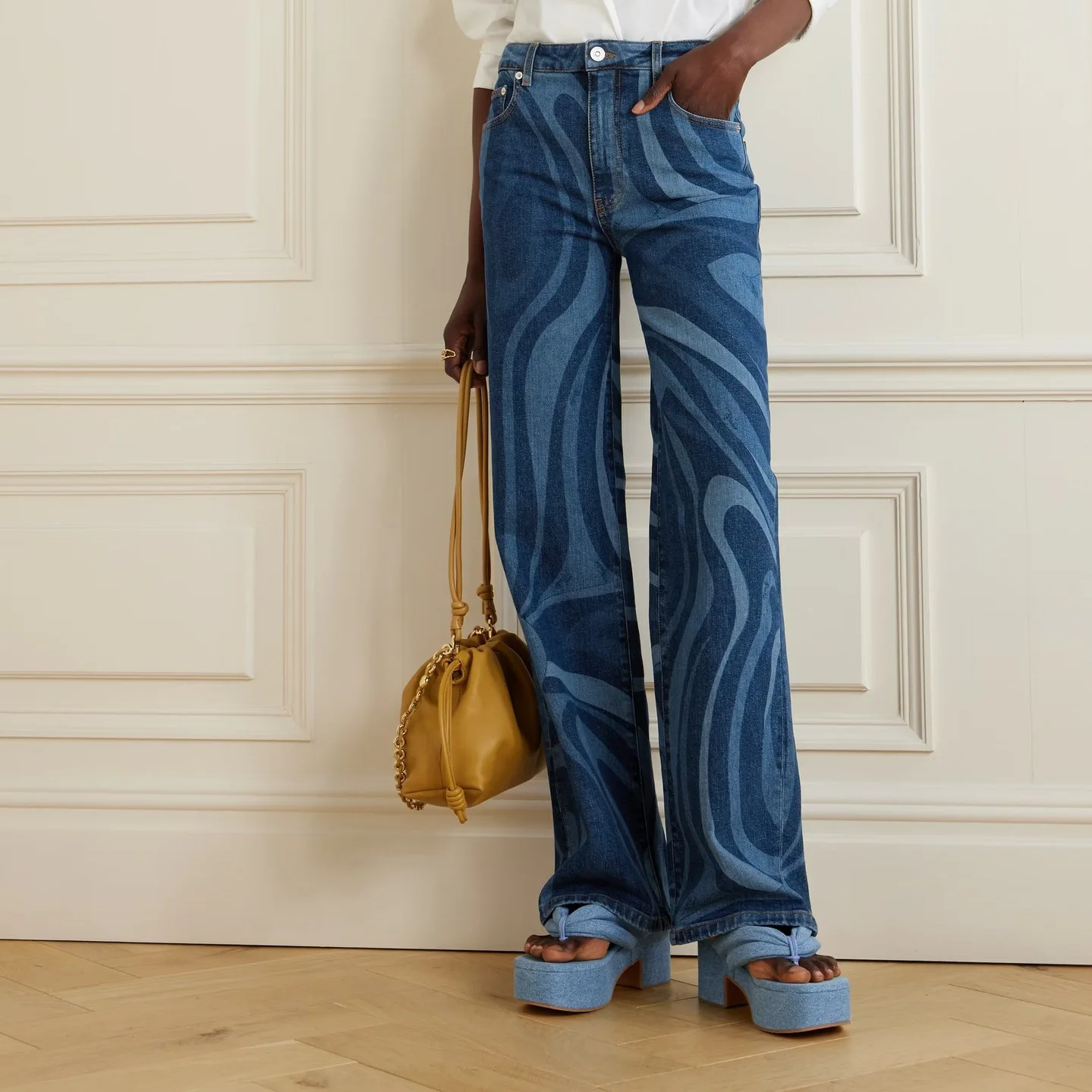 Spring Fall Fashion Casual Water Wave Print Straight-Leg Jeans 2026 Women's High-Waisted Slim-Fit Drapey Loose Wide-Leg Pants