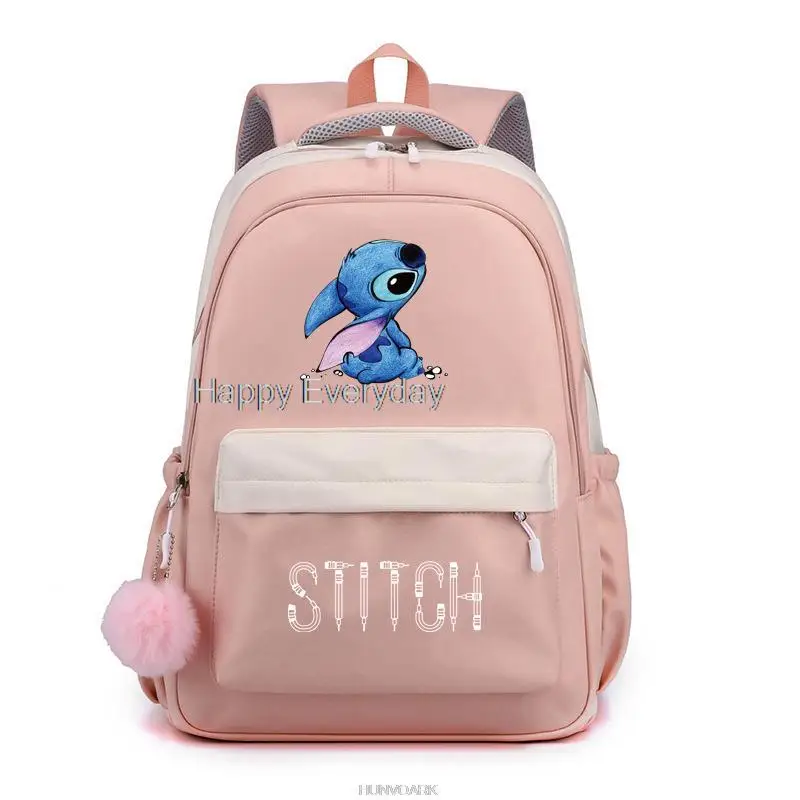 Mochila de Nylon de grande capacidade com fivela de inserção, mochila simples impressão, Lilo e Stitch, cor sólida, mochila para laptop, feminina e