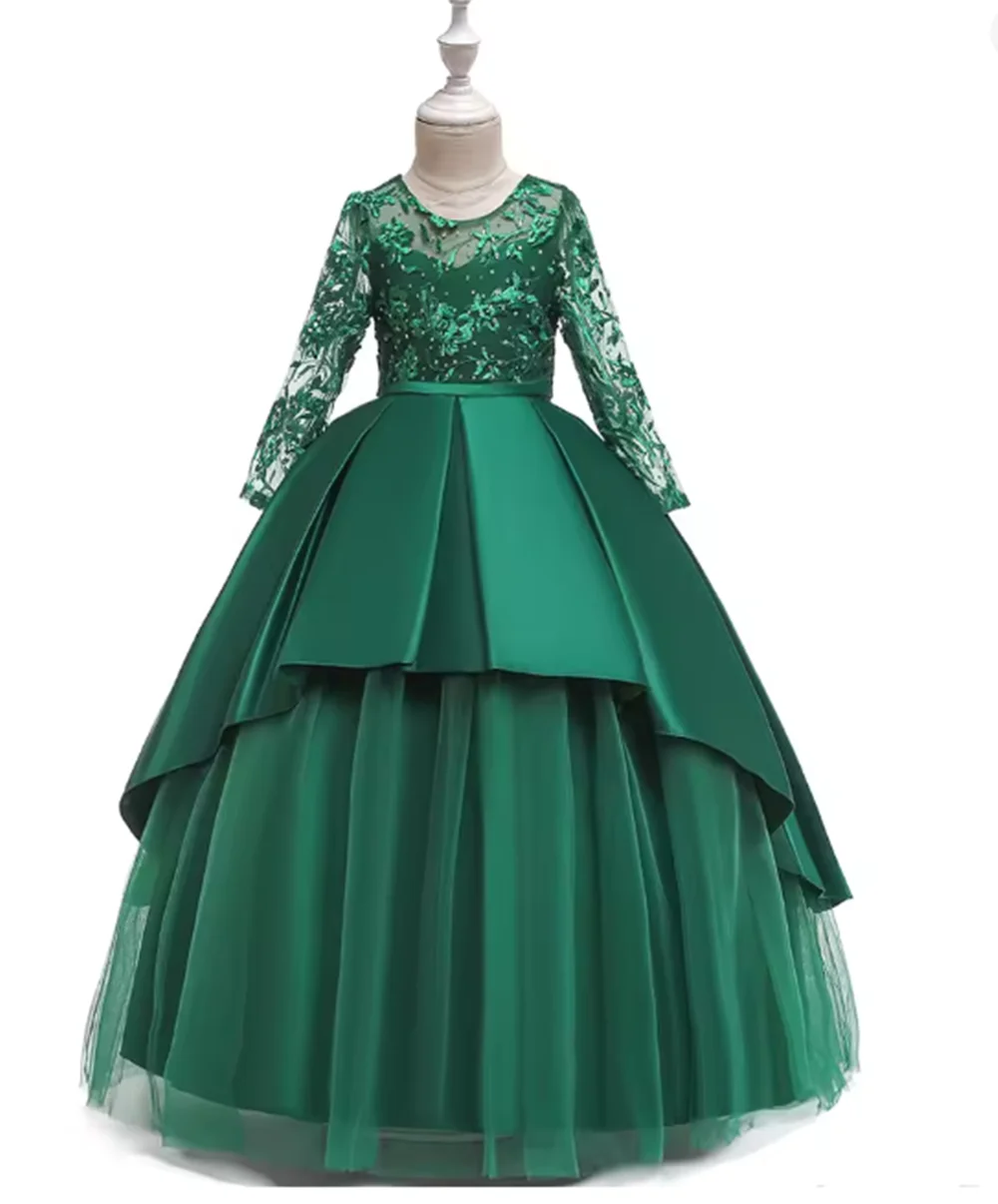 Elegante Kinder rosa Brautjungfer Party Kleider Langarm Hochzeit Weihnachten Kleid für Mädchen Kinder Prinzessin Geburtstag Kostüm