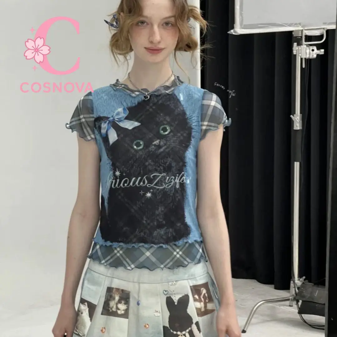 Sexy Summer Y2K American Streetwear 2 Piece Set Slim Fit Printed Cat Mesh Patchwork Short Sleeve T Shirt Denim Mini Skirt Outfit