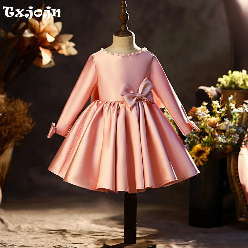 Cute Pink Bow A-line Satin Kids Dresses For Birthday Party Comfortable Pearls Long Sleeve Wedding Flower Girls Dress Customized