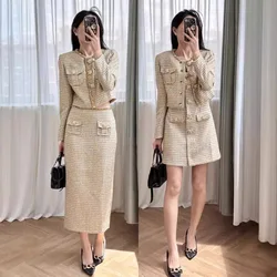 Quality Autumn Winter Beading Diamonds Gold Button Tweed Two Piece Set Women Dress Suits Jackets Coats Short Skirts 2pcs Outfits