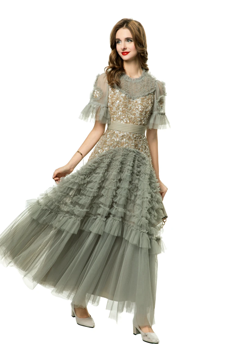 ชุดสตรี O คอสั้นแขน Appliques Tiered Ruffles Layered Elegant แฟชั่น Party ชุดราตรี Vestidos