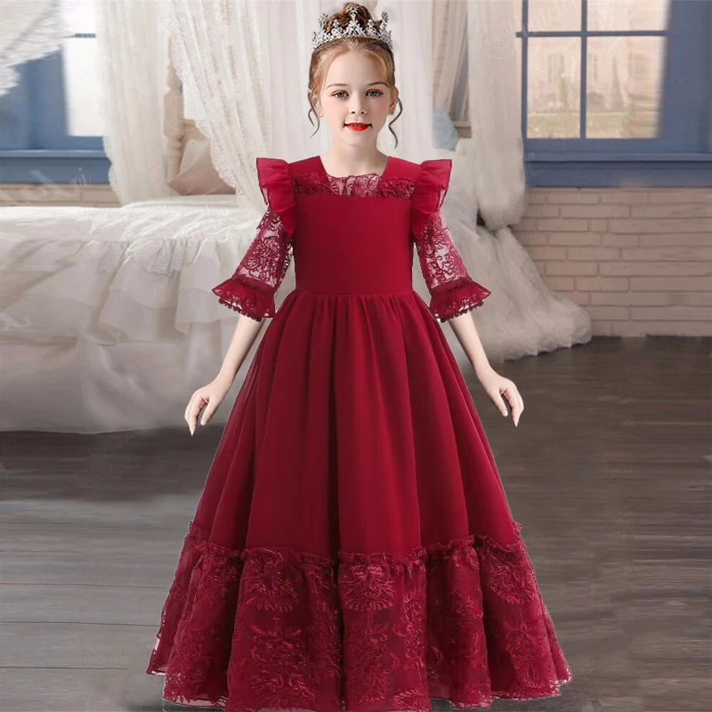 Girls Lace Splicing Maxi Dress Stage Costume Role Play Christmas Party Mid-Length Sleeve Party Dress Children's Clothing 2025