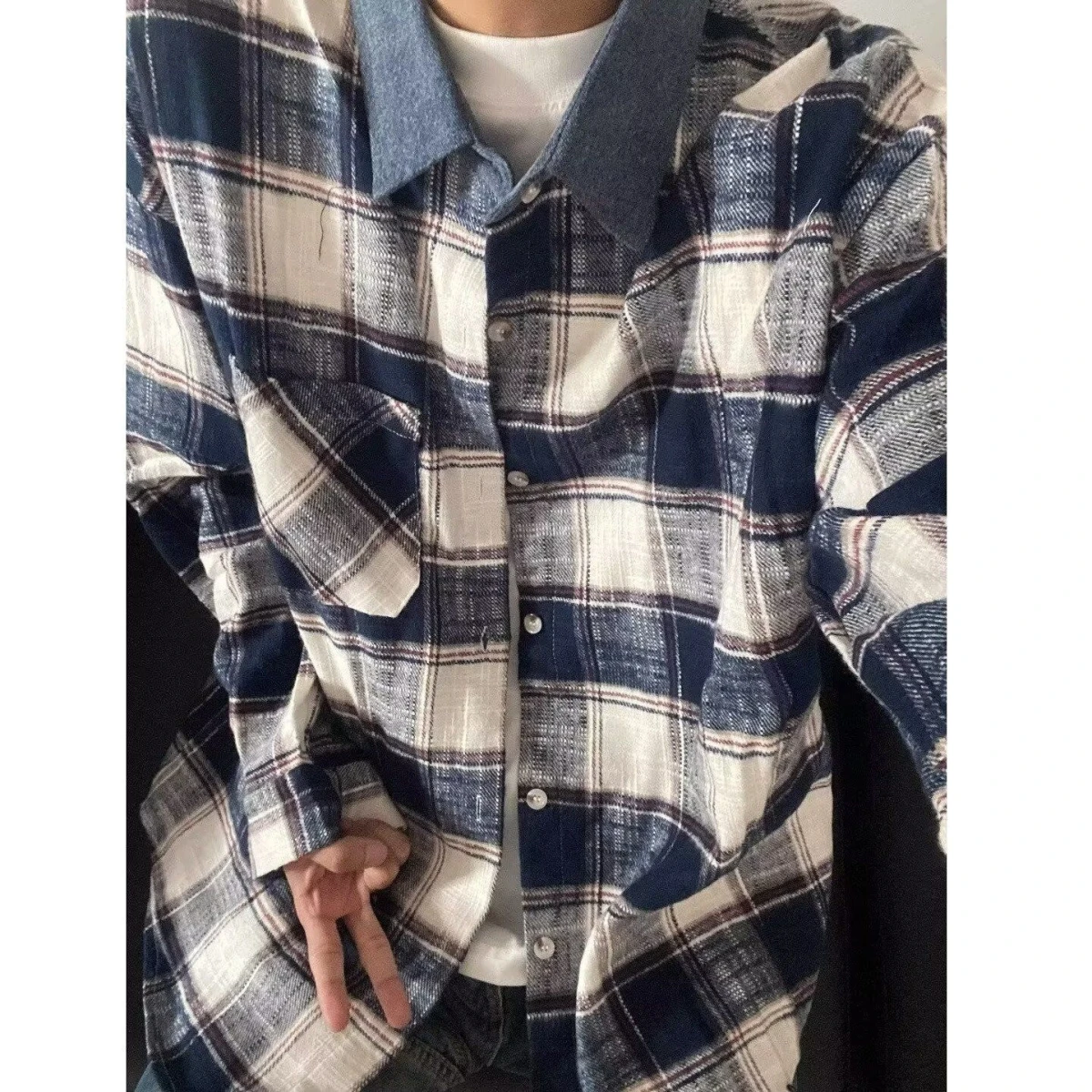 

Ретро-куртка оверсайз в синюю клетку для мужчин и женщин, свободный длинный плащ, молодежный тренд, полиэстер, весенняя модная верхняя одежда