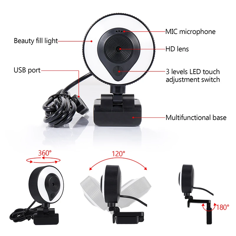 Portable Full HD 1080P 2K 4K Webcam PC Laptop Auto Focus Webcam Live Streaming Flexible with Microphone Live Broadcast withLight