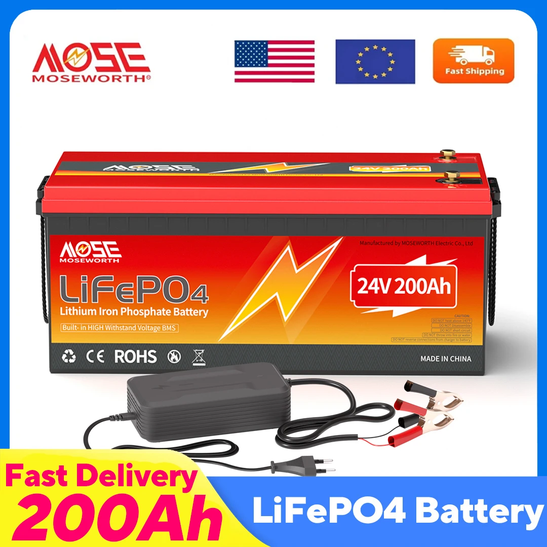 بطارية ليثيوم LiFePO4 24 فولت 200 أمبير في الساعة 10000+ بطارية ذات دورة عميقة مدمجة 200 أمبير BMS 5120 وات بطاريات ليثيوم قابلة لإعادة الشحن خارج الشبكة