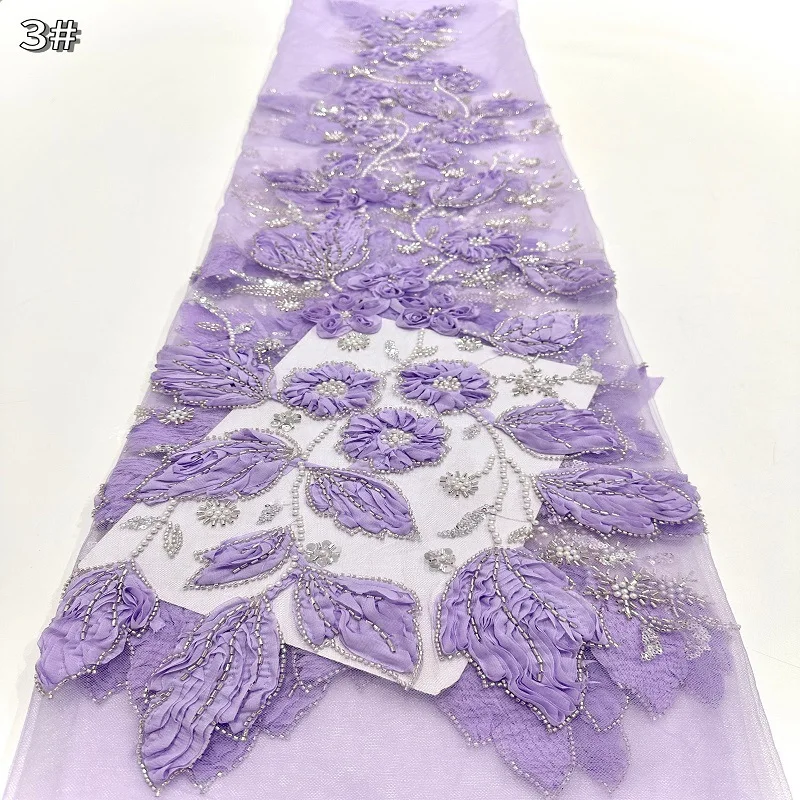 Latest 2026 French 3D Flower Sheer Beaded Fabric African Nigerian Sequin Lace Fabric Women's Wedding Dress Material 5 Yards