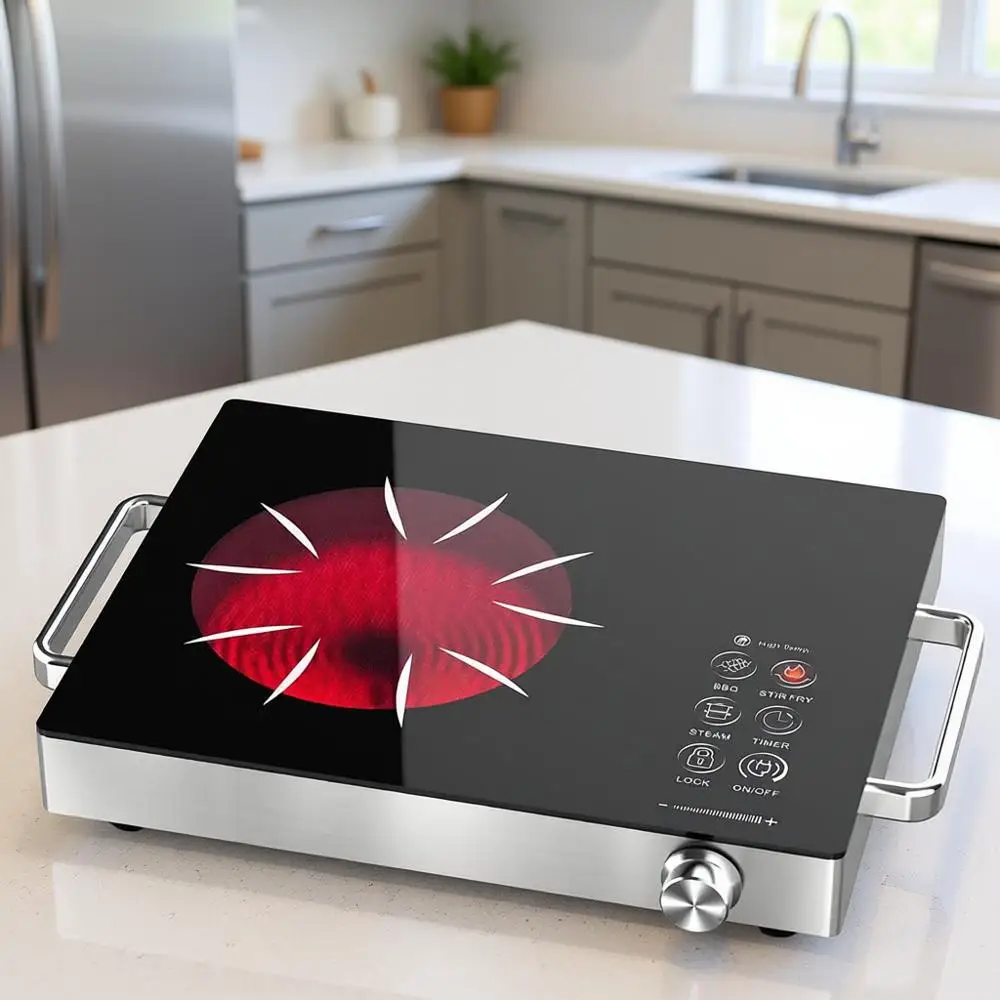 

Портативная электрическая плита на одну конфорку 110 В, 1800 Вт, для дома, кемпинга, автодома, с таймером, защитой от детей, функцией приготовления на пару, для барбекю