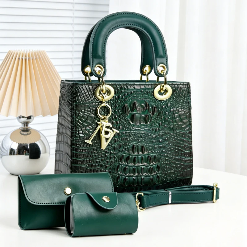 3-piece women's handbag set, small and lightweight crocodile-embossed small square bag, fashionable and versatile shoulder view 6