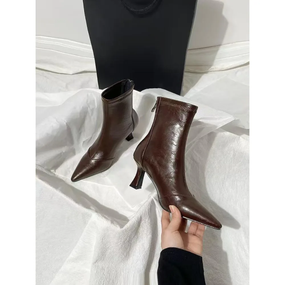 Herbst Winter Vintage Starke Ferse Schlank Ankle Boot Frauen Mode Spitz Stripper Party Moderne Kurze Botas Para Mujer