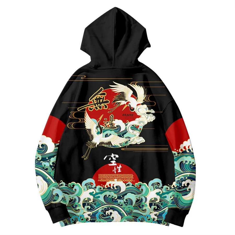 Japanese Style Crane Print Men/Women Autumn Winter Anime Hoodies Long Sleeves Sweatshirt Harajuku Cosplay Coat Clothes
