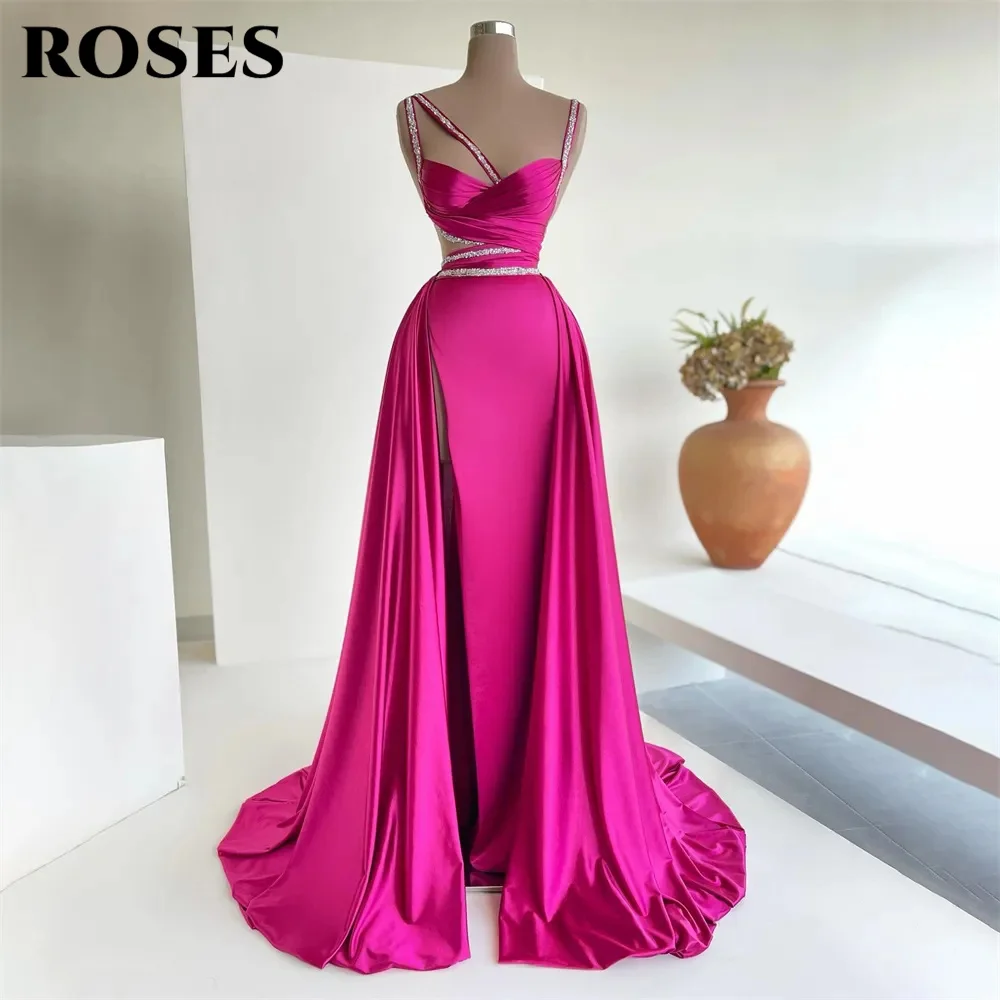 

ROSES Deep Pink Mermaid Evening Dresses Beadings Straps Shiny Satin Dubai Formal Prom Dress Arabia Pleated Celebrity Party Gowns