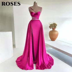 ROSES Deep Pink Mermaid Evening Dresses Beadings Straps Shiny Satin Dubai Formal Prom Dress Arabia Pleated Celebrity Party Gowns