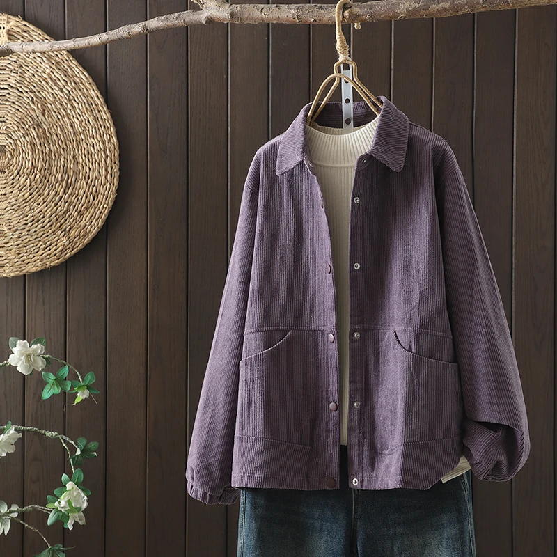 Retro Corduroy Women's Shirt Outerwear  Collar Long Sleeve Versatile Autumn Design Commute Style Button Closure  Color