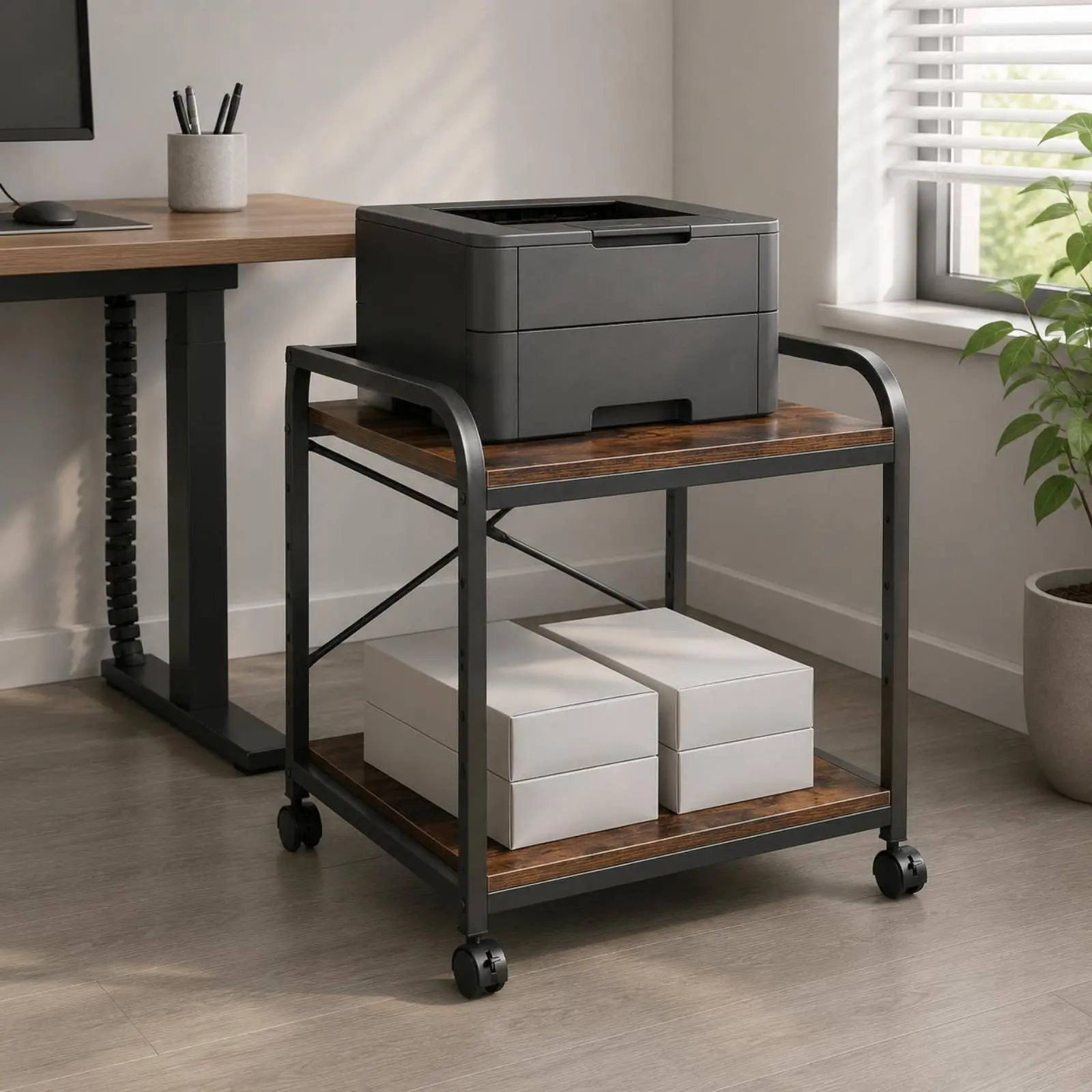 Picture 7: Rolling Printer Trolley Space-Efficient Printer Shelf with Wheels Mobile File Rack Heavy Duty Desktop Storage Rack Modern Design
