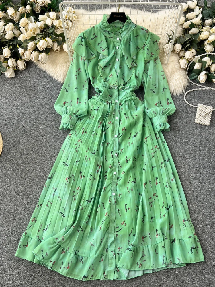 Women Elegant Print Chiffon Pleat A-line Dress Autumn High Neck Lantern Sleeves Ruffle Edge High Waist Slim Vacation Robe