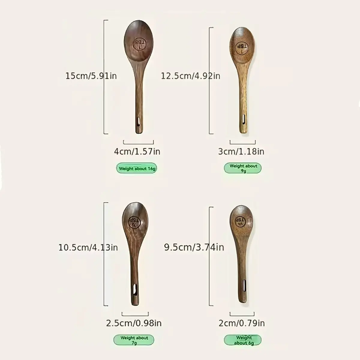 4-Piece Natural Wood Measuring Spoon Set, Multi-Functional Kitchen Tools for Baking, Cooking, Spices, Coffee, Tea, Desserts