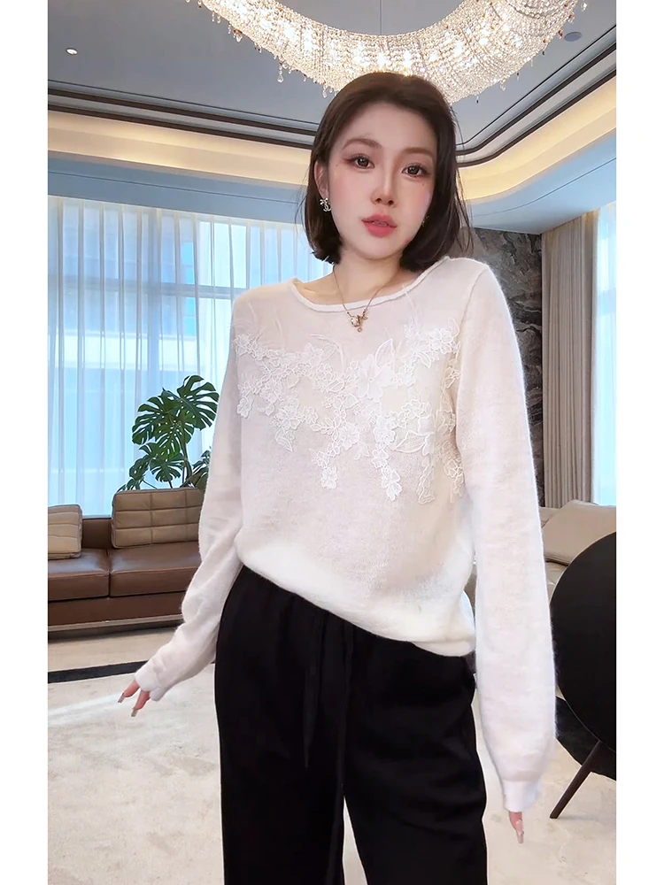 

Soft Skin-Friendly Knitted Wool And Camere Blend Sweater Loose Fit Comfortable Springwear round Ne Long Sve ME【Water S...