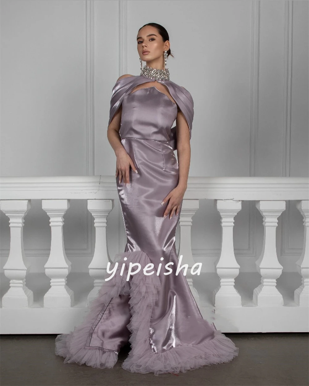 Robe de Soirée Longue en Satin, Personnalisée, avec Perles, Drapée, Plissée, Style Sirène, Col Haut, sur Mesure, pour Occasions