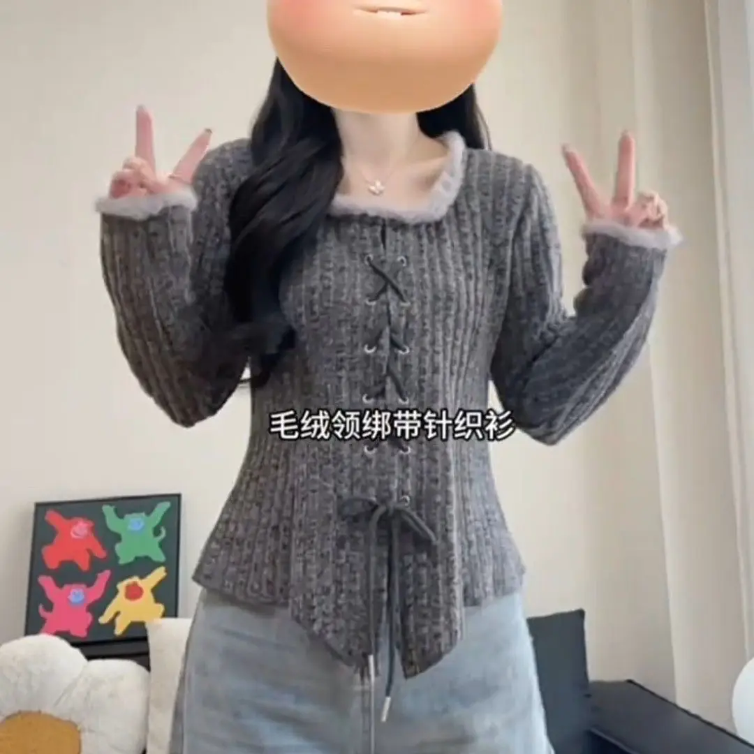 

Square Collar Fleece-lined Thicken Warm Knitted Shirt for Women Autumn Winter Slim Elegant Knitwear Top Fashion Women Clothing