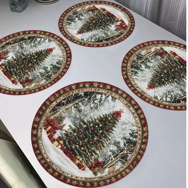 VIKAMA Christmas Placemat Snow Tree Gifts Scene Placemats Set Linen Table Mat Dining Kitchen Holiday Party Decor