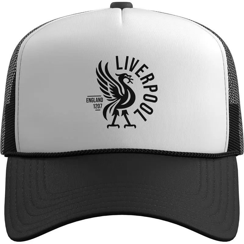 Liverpool England Est. 1207 Round Black Print Trucker Hat With Adjustable Mesh Back
