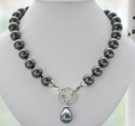 

14mm round black SHELL PEARL NECKLACE Drip pendant 18inch