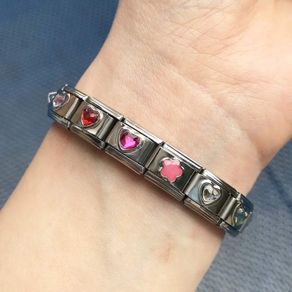 Fashion Tide Women Heart Colorful Zirconia Italian Charm Link Fit 9mm Stainless Steel Bracelets Making DIY Jewelry Gifts