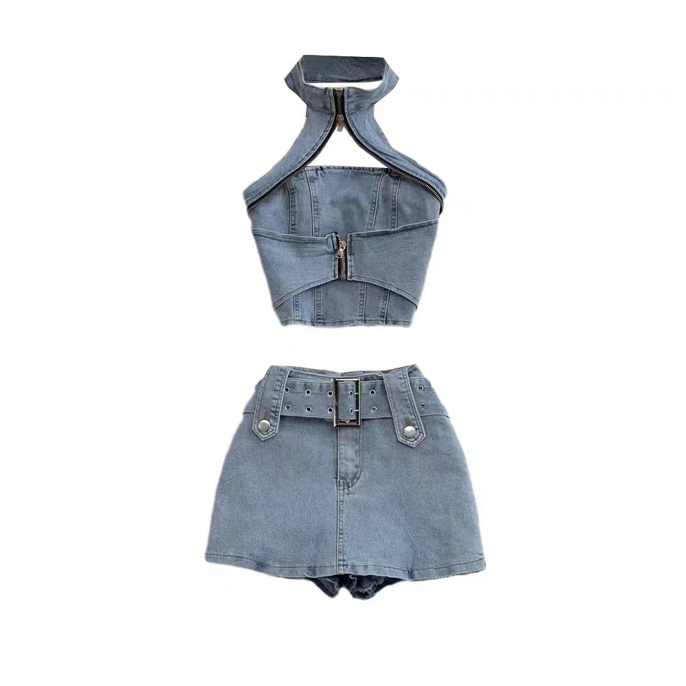 Denim Short Skirt Set for Girls, Open Back, Spicy, Vintage, Hanging Neck, Sexy Party, Short Top, Half, Spring, Summer, New