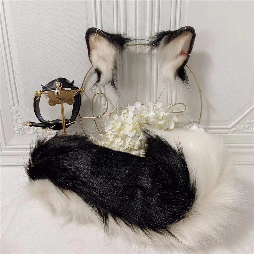 Girl Women Carnaval Accessories Christmas Halloween Cosplay Prop Lolita Cosplay Black Dog Shiba Ears Headband Hair Hoop Tail